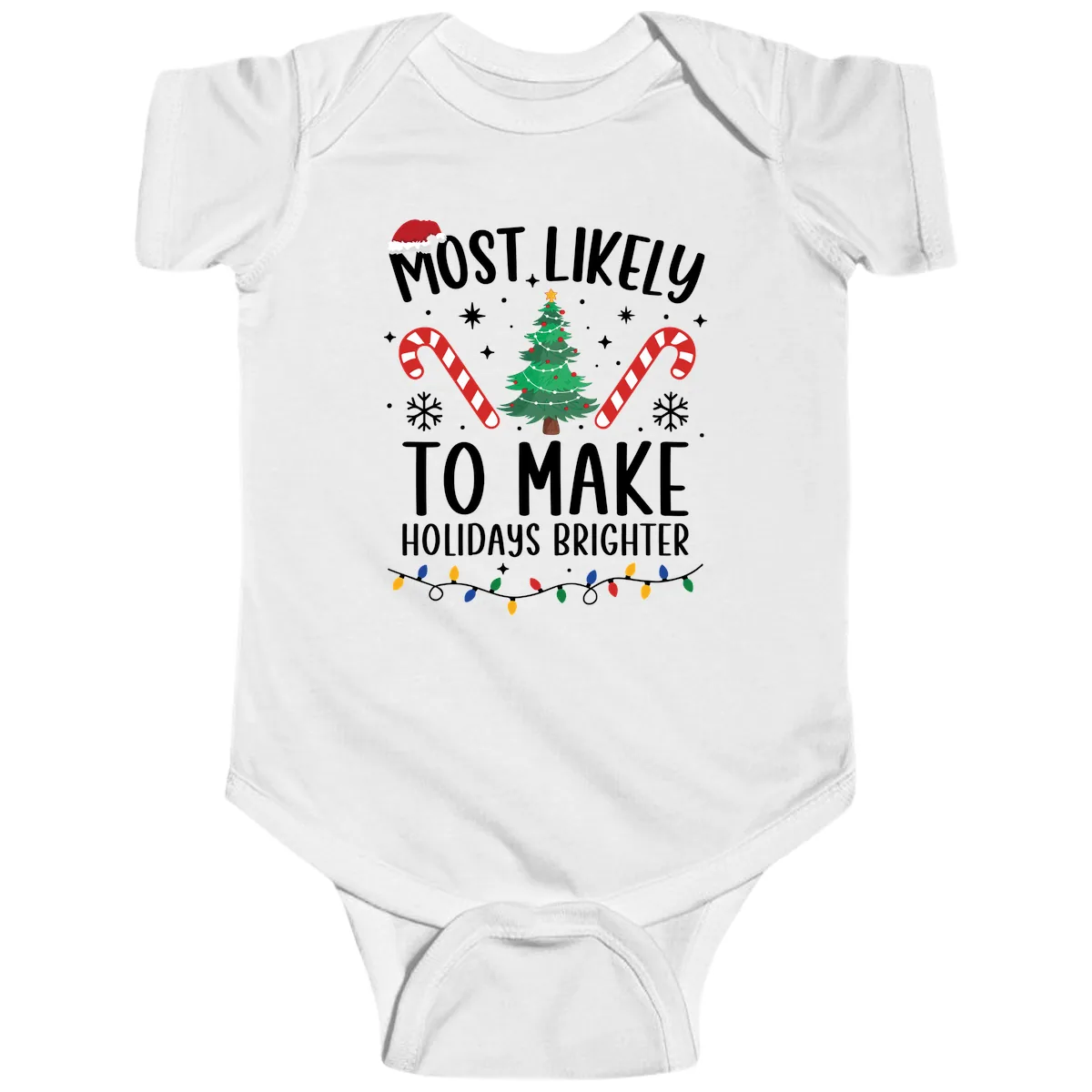 Most Likely To Make Holidays Brighter Baby Onesie in White